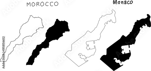 Morocco and Monaco map silhouettes in outline and solid styles, minimal vector shapes isolated on white background for geographic design use