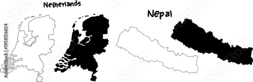 Netherlands and Nepal map silhouettes in outline and solid styles, minimal vector shapes isolated on white background for geographic design use