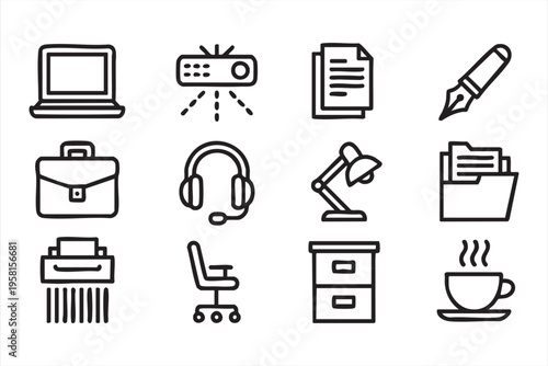 Minimal Office Equipment Icons Featuring Desk Laptop and Chair