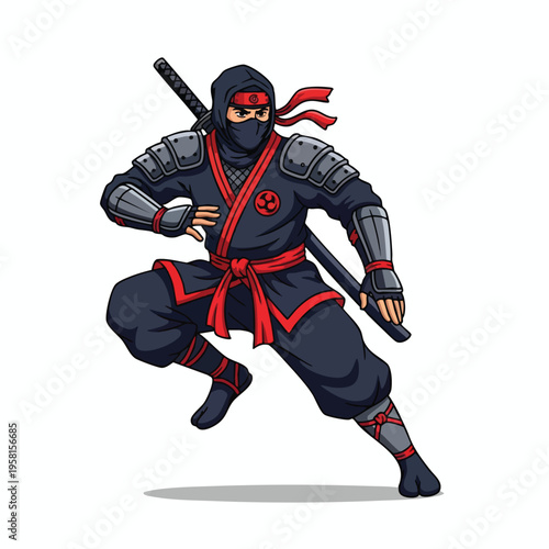 A warrior clad in dark ninja attire with red accents prepares to strike