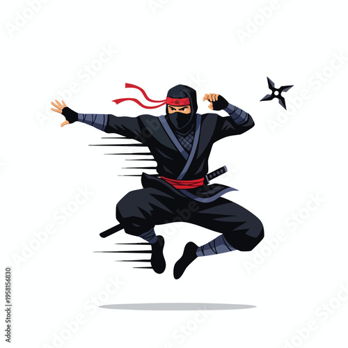 A masked warrior in black, mid-air leap, with shuriken and sword
