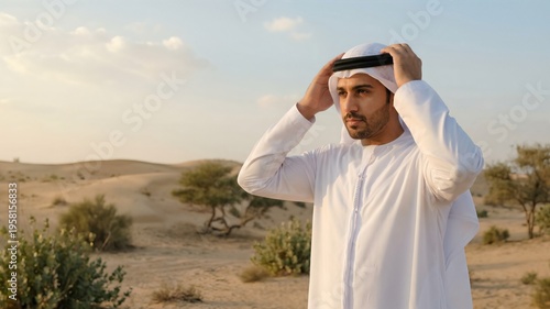 Man in Traditional Emirati Attire Adjusting Headscarf in Desert Landscape at Sunset