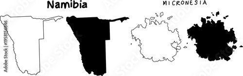 Namibia and Micronesia map silhouettes in outline and solid styles, minimal vector shapes isolated on white background for geographic design use
