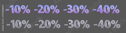 Vibrant 3D percentage signs showing discounts from ten to forty percent. Gradient hues of purple and blue create a modern look against a dark background.