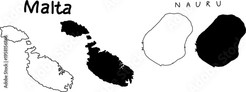 Malta and Nauru island map silhouettes in outline and solid styles, minimal vector shapes isolated on white background for geographic design use