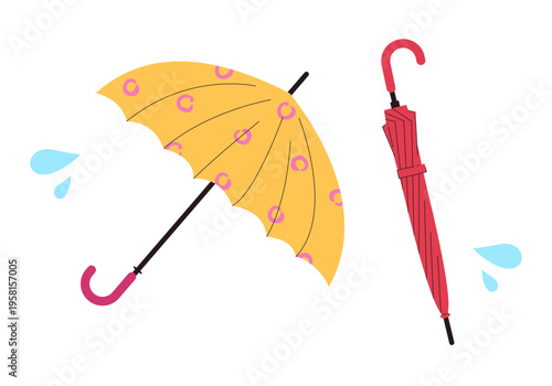 Cute umbrella. Vector illustration of open yellow and closed red umbrellas with rain drops. Design icons for weather, autumn season, and protection. Isolated on white background