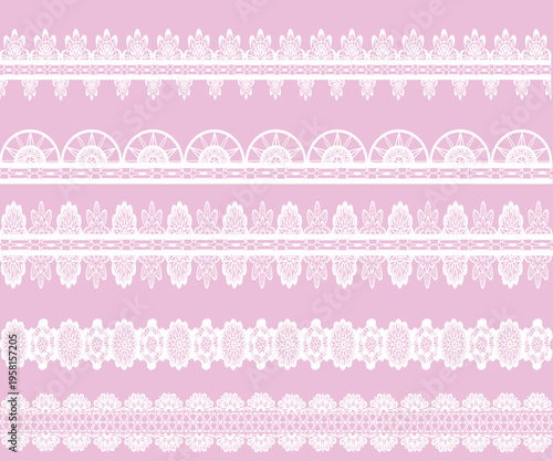 Set of lace pattern brushes. Tracery ribbons isolated on a pink background. Elements for decor scrapbooking wedding invitations and cards.