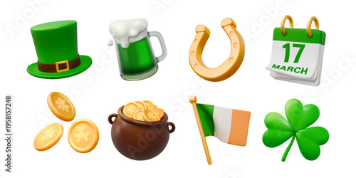 Festive set of St Patricks Day icons featuring a green hat, frothy beer, horseshoe, coins, pot of gold, Irish flag, and a shamrock. Bright and cheerful symbols.
