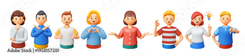 A diverse set of eight 3D cartoon characters displaying different emotions and gestures. Each character stands in a unique pose, showcasing emotion.