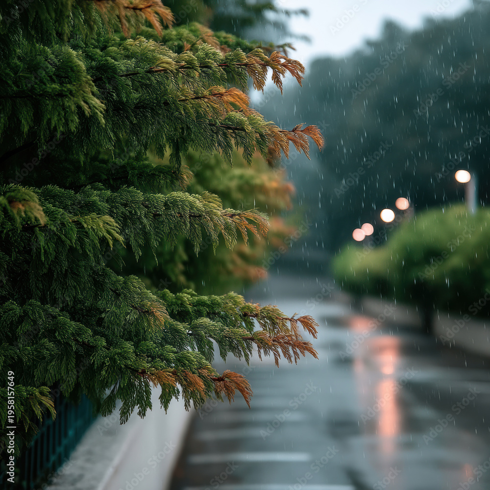 Fototapeta premium Green tree branch rain wet pavement blurred background evening street nature peaceful moody soft light