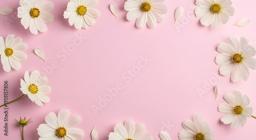 A flat lay arrangement of delicate white cosmos flowers framing a soft pastel pink background area