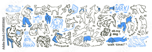 Cute funny dogs in doodle outline style. Pets, canine animals, puppies activities, scribble line drawing, contour handdrawn sketches. Hand-drawn vector illustrations isolated on white background