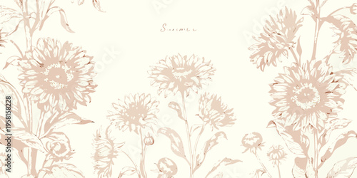 Delicate botanical illustration of sunflowers and other wildflowers in beige