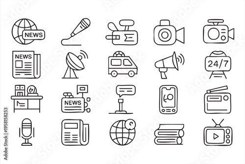 News Media and Broadcast Journalism Outline Icon Set