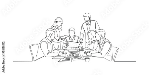 Workplace Meeting Scene. Minimalistic one-line drawing team exchanging ideas with charts and documents spread on a table, continuous single black line on white