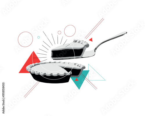 black and white pie being lifted by a cake server, realistic cut-out objects with white outline, abstract circular halos and diagonal lines emphasizing motion,