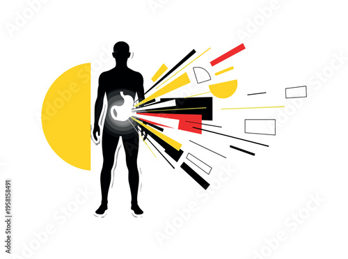 human figure with glowing stomach abstract semicircles lines and geometric blocks symbolizing energy absorption after eating black and white retro figure with