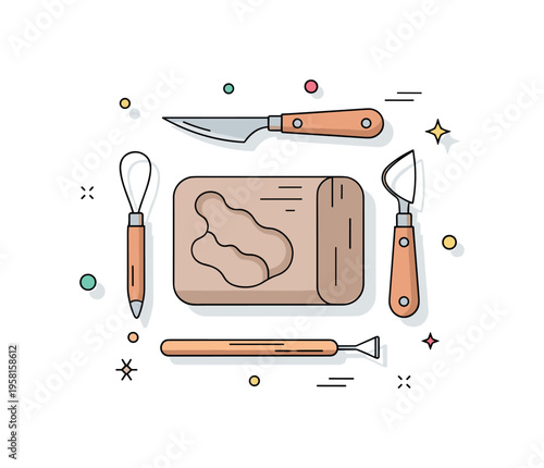 Fine art sculpture tools featuring a clay block surrounded by sculpting knives, loop tools, and a wooden modeling stick. Creative workshop scene expressing