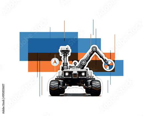 Front-facing black and white moon rover with extended robotic arm, layered with overlapping blue and orange semi-transparent flat blocks and thin vertical