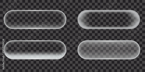 Transparent rounded glass buttons set. Minimalist glossy Glassmorphism button frames with reflections and frosted texture for modern UI design. Collection clean web elements on dark background. Vector