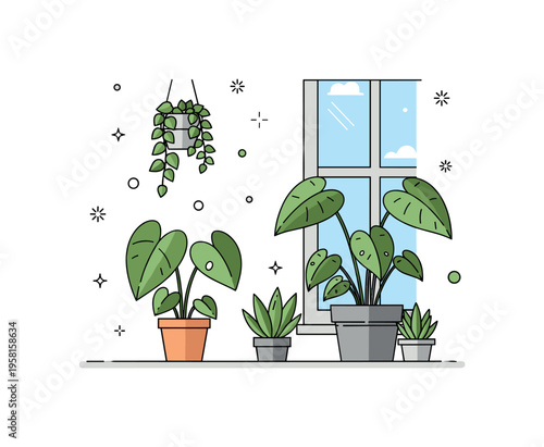 Sunlit indoor plants houseplants placed near a bright window where natural light highlights leaves and creates a fresh lively interior scene. The composition