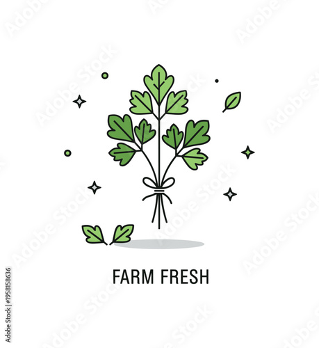 Parsley fresh herb bunch tied with a simple string and small leaf shadows beneath creating a clean culinary badge. A subtle ?Farm Fresh? caption highlights