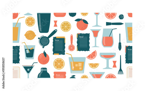 bartender cocktail preparation seamless pattern, cocktail shakers strainers glasses citrus fruits and recipe notes arranged in a repeating pattern, white