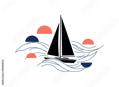 black and white sailboat moving across stylized ocean waves, cut-out collage object with white outline, semicircular sun and curved geometric water lines