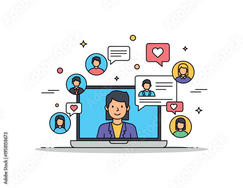 Virtual audience engagement online interaction symbolized by a speech bubble screen surrounded by small user icons and reaction symbols. The composition