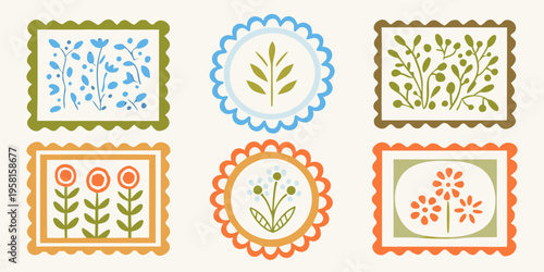 A collection of six decorative postage stamps featuring floral designs