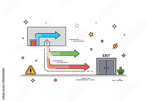 Building evacuation route simple floor plan style path showing arrows guiding people safely from inside a building toward an emergency exit door. The scene