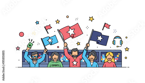 Esports fans fans waving team flags and wearing branded merchandise in a stadium-like setting representing community, excitement, and digital sports fandom.