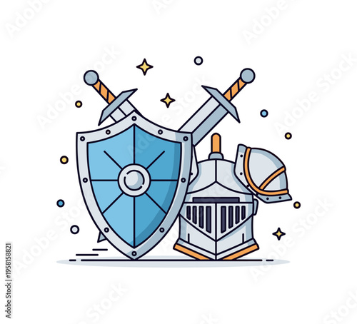 Knight shield and armor classic protective gear arranged with a shield leaning against a breastplate and helmet while crossed swords appear subtly behind.