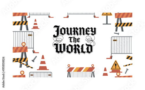 Journey The World. lettering and all elements in black. Vector style. AWhite background. Pure white background. Perfect isolation and visual consistency.