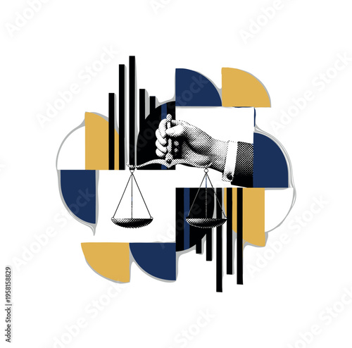 black-and-white scales of justice held by a retro hand representing fairness in society, geometric semicircles and vertical bars symbolizing balance between