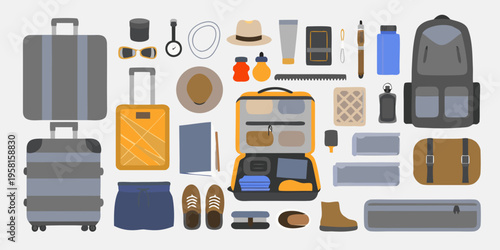 A colorful flat lay arrangement of travel essentials and personal items