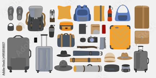 Collection of colorful travel accessories and luggage items arranged neatly