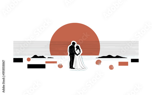 black and white retro silhouette of a couple standing near the ocean, white cut-out outline effect, giant terracotta semicircle sun touching the horizon line,