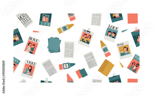 magazine paper crafting seamless pattern, clippings of photos, typography fragments, glue sticks, scissors and textured papers arranged in a repeating pattern,