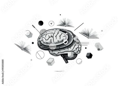 brain with floating books, geometric circles lines and abstract blocks representing cognitive growth and ideas, black and white retro realistic brain layered