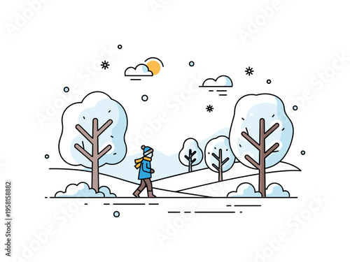 A snowy landscape with frosted trees and a person walking carefully, highlighting icy conditions, cold weather, and seasonal atmosphere. Minimalist flat vector