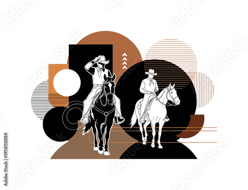 cowboy adjusting hat while riding horse abstract circles lines and geometric shapes representing ranch lifestyle black and white retro human and horse figure