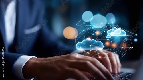 Businessman engaged with a laptop amidst cloud computing graphics