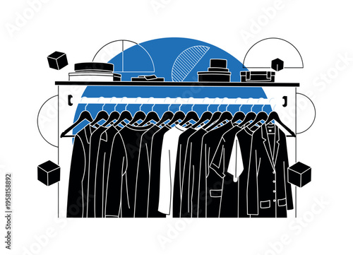 open closet with clothes hangers forming a rhythmic pattern, black and white cut-out hangers and garments with white contour outline, large blue circle behind