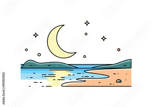Moonlit shoreline scene crescent moon above a quiet beach while its reflection glows softly across shallow water near the sand. The illustration conveys