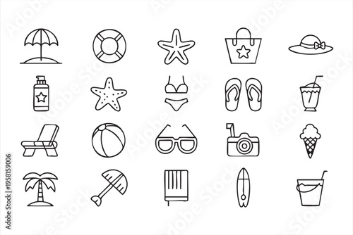 Summer Beach Icon Set with Travel and Vacation Outline Symbols