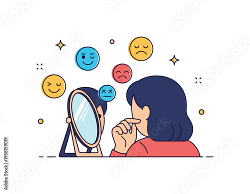 Inner feelings recognition featuring a person looking into a small mirror while emotion icons appear around the reflection. The composition