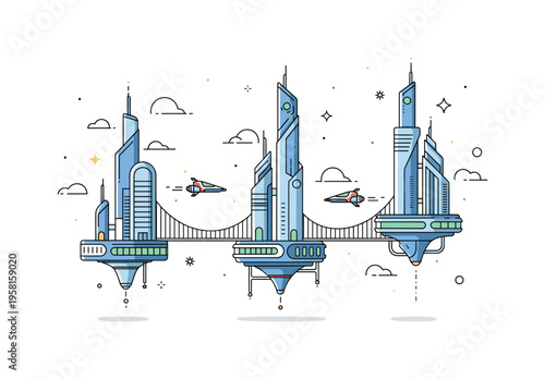 Futuristic space city skyline featuring sleek floating buildings connected by glowing sky bridges while small flying vehicles move smoothly between towers. The