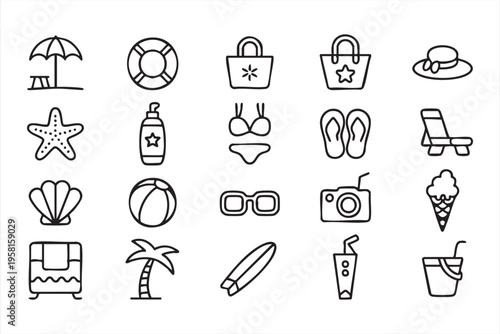 Beach Vacation Line Icons Featuring Summer Holiday and Leisure Elements