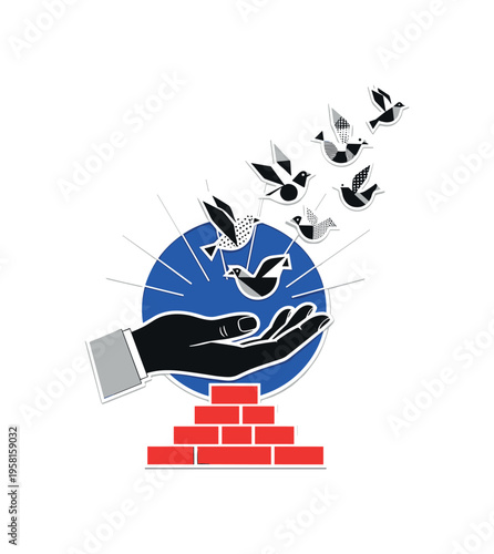 Black and white open palm releasing abstract geometric birds upward, vibrant cobalt blue circle behind the palm, red rectangular blocks stacked below